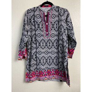 Tarzz Tunic Geometric 3/4 Sleeves Top Womens size Medium Boho vacation Artsy‎